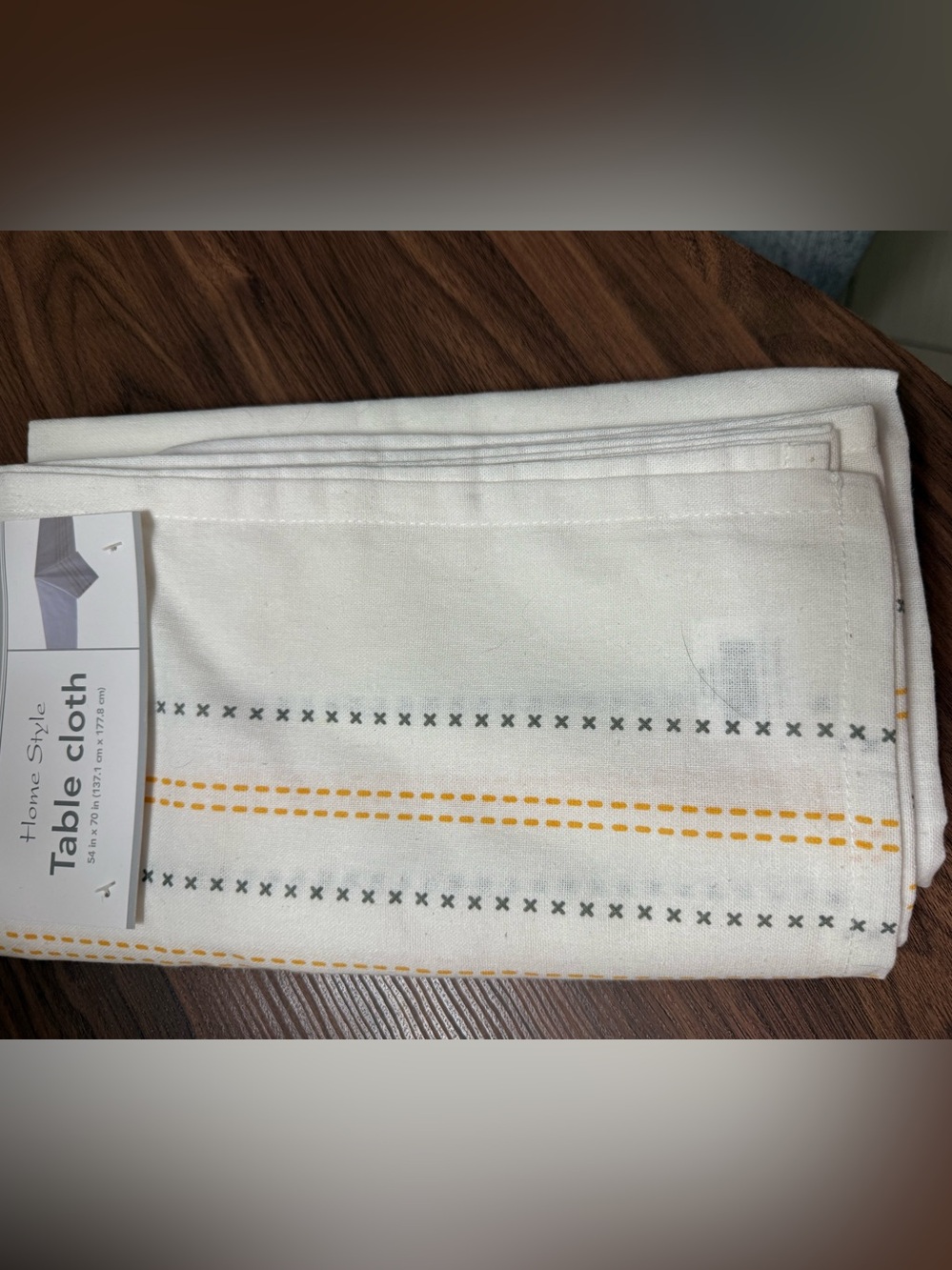 White Table Cloth with Yellow and Gray Stitch Accents 54” x 70”